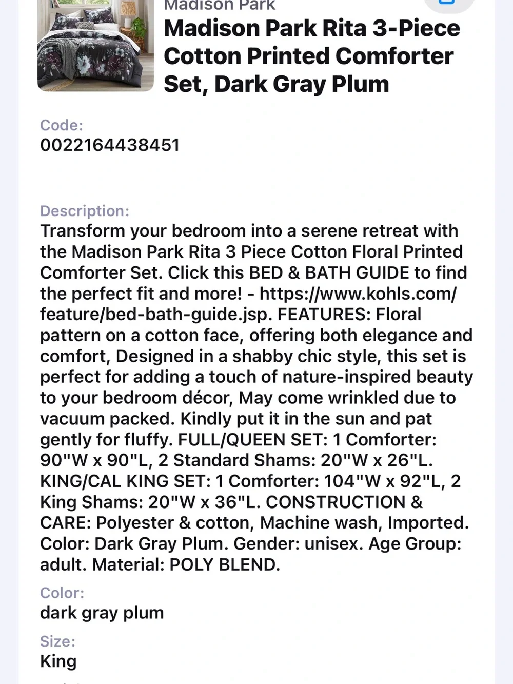 Madison Park Floral Comforter Set in Purple and Gray